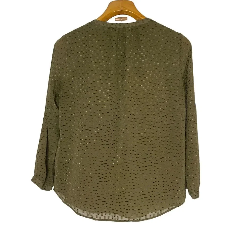 J.Crew Silk Dot Blouse Top Style E7788 Size 4 Olive Green Sleeve Notch Neck